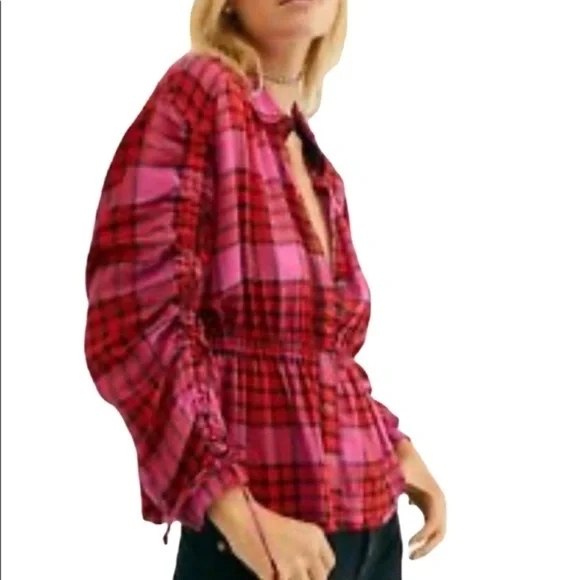 New We The Free People Red Plaid Combo Boho Gathered Peplum Top NWT - Picture 2 of 16